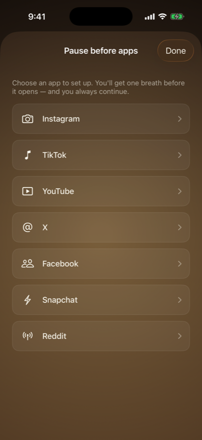 The Pause showing a list of apps to choose from