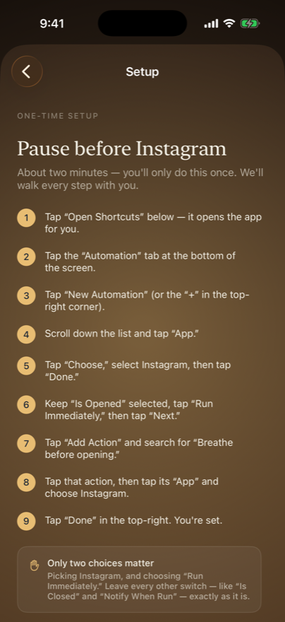 The Pause showing its nine-step setup walkthrough