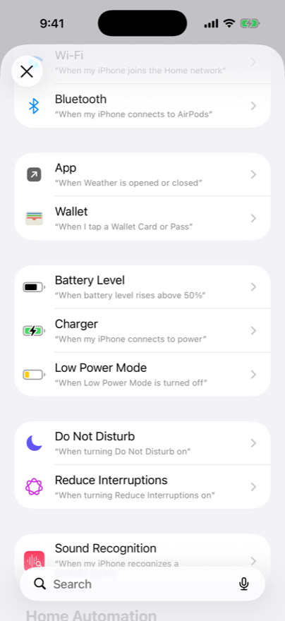 The Shortcuts trigger list with the App trigger visible