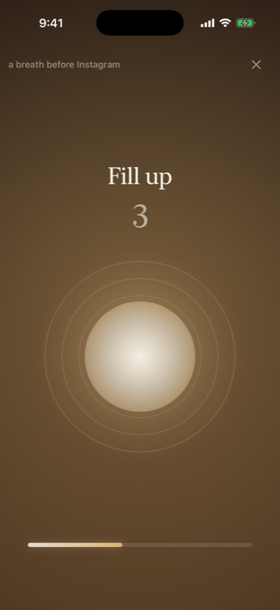 The Pause breathing screen counting down a breath before Instagram