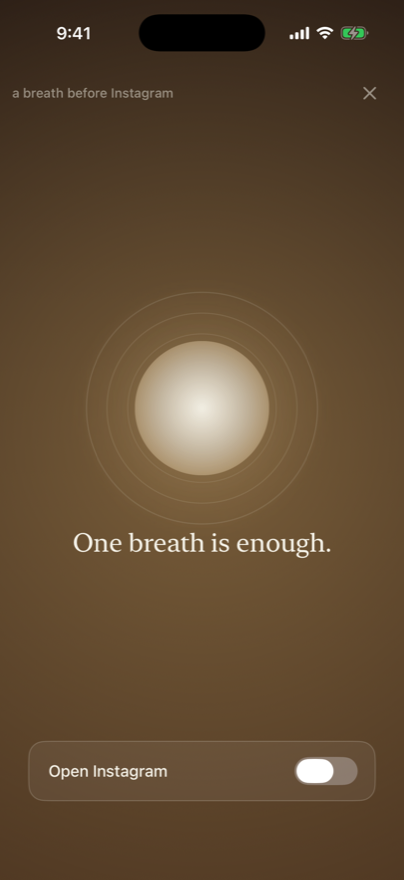 The doorway choice screen reading One breath is enough with a control to open Instagram
